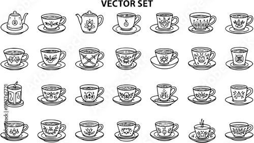 Black and White Line Art Vector Set of Coffee and Tea Cups and Teapot