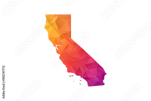 California Map - Polygon Style Vector Illustration in Orange and Pink Gradient, Low Poly Geometric Design, Isolated on White Background for Infographics and Education.