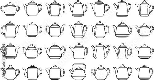 Black and White Line Art Collection of Various Teapot Designs