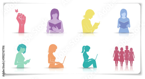 Diverse women silhouettes with diverse activities: reading, technology, and activism
