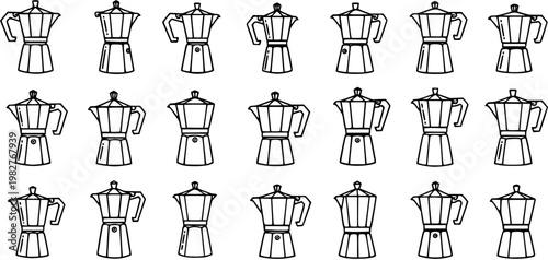 Black and White Line Art Icons Set of Moka Pots and Coffee Makers for the Food and Drink Industry, ideal for beverage-related designs and menus.