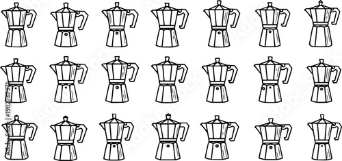 Black and White Line Art Moka Pot Coffee Makers Seamless Pattern - Outline Italian Espresso Percolators Kitchen Utensil Vector for Food  Beverage