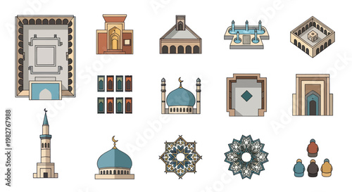 Islamic Architecture Set: Mosques, Minarets, Prayer Mats, Geometric Patterns