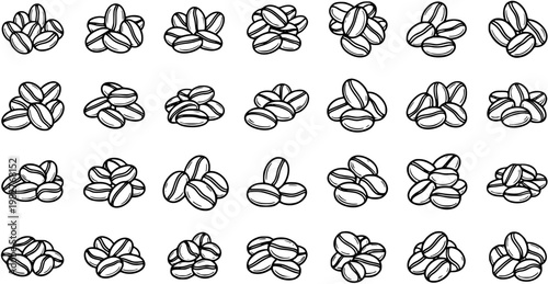 Food and Drink Coffee Industry Black and White Line Art Vector Icons of Coffee Bean Piles, Ideal for Cafe, Beverage, and Breakfast Designs