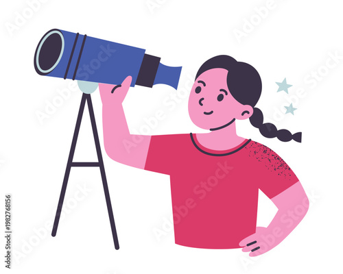 Little girl character looking through telescope, flat cartoon kid exploring astronomy. Children hobby and science, space education and stargazing vector illustration, school subject