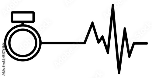 Minimalist heart rate monitor icon, black line art heartbeat pulse with smart ring sensor, medical health tracking technology svg