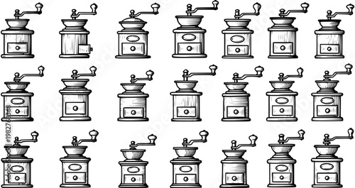 Hand-Drawn Black and White Sketch Line Art Pattern of Vintage Manual Coffee Grinders for Food and Drink, Cafe, and Kitchenware Designs.