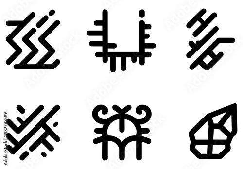 Abstract tribal symbols and geometric line icons, black minimalist ethnic glyph set, 6 vector elements for branding and tattoo design