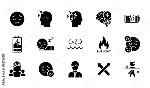 Stress, fatigue and mental exhaustion glyph icon set – wellness app UI symbols