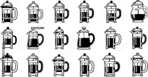 Black and White Line Art Glyphs Set of French Press Coffee Makers and Beverage Pots Icons, perfect for Coffee and Food  Drink Industry Designs.