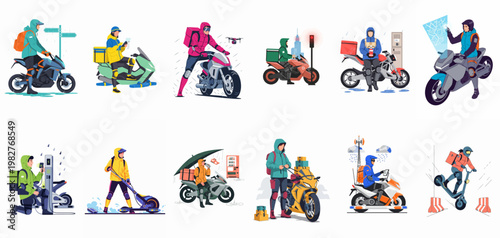 Collection of modern delivery service couriers on motorcycles and scooters in various weather conditions and urban delivery situations, vector illustration set.