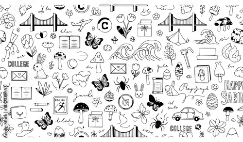 Seamless mixed theme pattern – bridge, flowers, sea, college, car, mushroom, butterfly and Easter elements