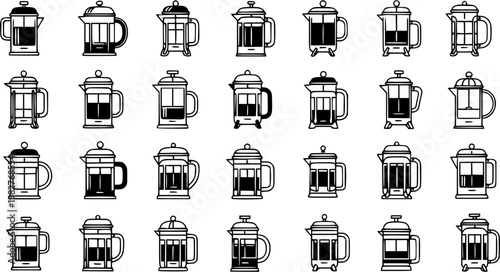 French Press Coffee Maker Line Art Icons Collection. Food and Drink Industry Glyph Set of Outline Coffee Pots and Cafetieres for Beverage and Kitchenware Design.