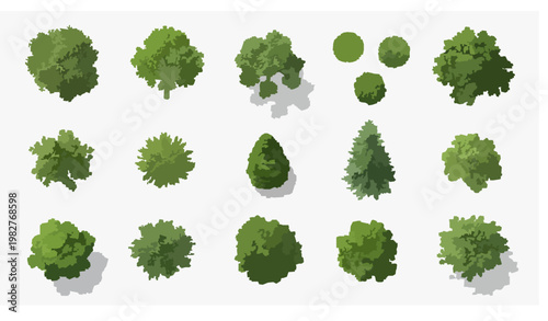 Top view green trees collection – 2D plants and 3D render style illustration