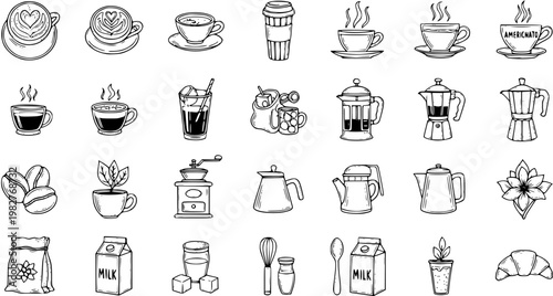 Hand-drawn Black  White Line Art Coffee Icons Set. Doodle Outline Cafe Elements with Drinks, Makers, Beans, and Pastries for Food  Beverage Industry.