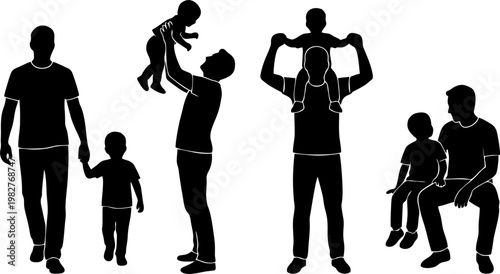 Diverse Silhouettes of Fathers and Their Children Depicting Cherished Moments of Fatherhood, Family Bonds, and Parental Nurturing Across Various Interactions