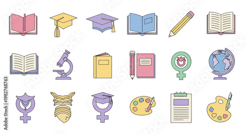 Education Icons Set: Graduation Cap, Books, Microscope, Globe, Art Palette, Pencil & Female Symbols