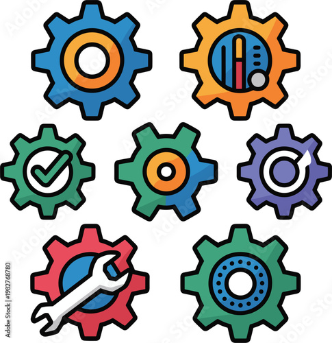Gear and settings icons set with cogwheel tools configuration maintenance system control and engineering symbols