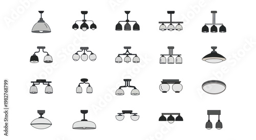 Collection of modern ceiling light fixtures, various designs, isolated on white background