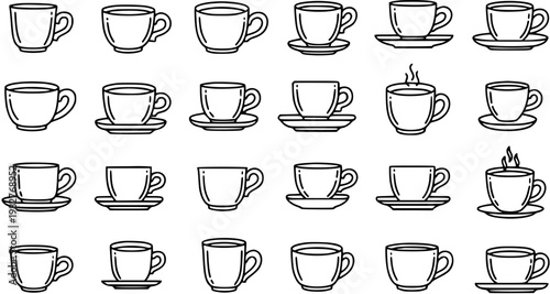 Coffee and Tea Cups Vector Line Art Icons Set. Black and White Minimalist Illustrations for Beverage, Food  Drink Industry, Cafe, and Restaurant Menus.