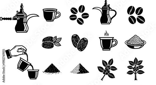 Arabic Coffee Icons: Dallah, Dates, Beans, Pouring, Cup - Black and White Line Art