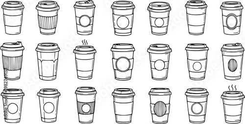 Hand-drawn Black and White Line Art Set of Disposable Coffee Cups and Takeaway Drink Containers for Cafe and Food  Beverage Industry Design