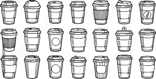Black and White Line Art Collection of Disposable Coffee Cups, Vector Illustration