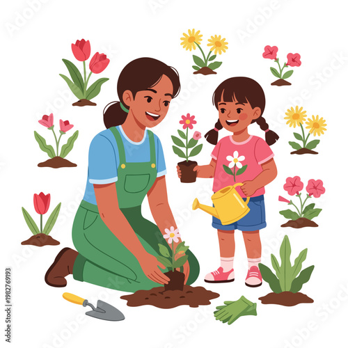 Mother and daughter happily planting flowers together in a garden, celebrating Mother's Day with outdoor activity