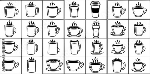 Black and White Line Art Collection of Various Coffee Cups and Hot Drinks