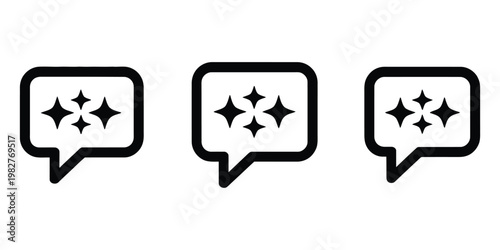 Chat bubble sparkle icon set, AI generated text message symbols with magic shine and glitter effects, modern smart assistant communication speech balloon icons in line and flat vector style