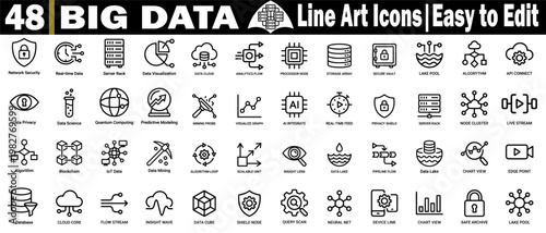 Large collection of big data line icons. Featuring database administration and cloud computing, including a storage array, a processor node, and a predictive modeling set vector illustration.