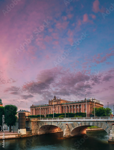 Swedish Parliament Building Riksdagshuset at Sunset