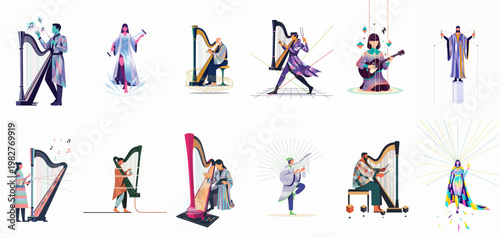 Modern stylized illustrations of musicians playing various harps and stringed instruments, featuring a futuristic aesthetic with vibrant colors and geometric shapes.