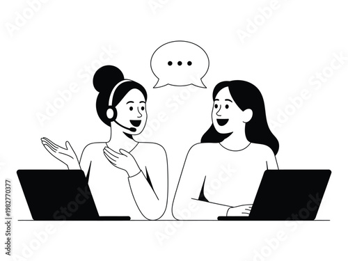 Customer support agents converse while working on their laptops at a shared office desk.