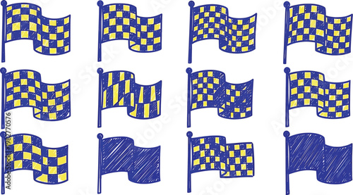 Blue and yellow doodle sketch checkered racing flag vector set