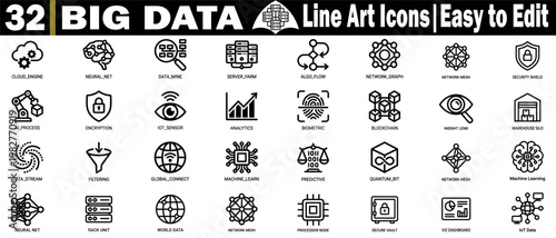 Big Data Universal line art icons. Collection of data mining and network mesh featuring cloud engine, biometric security server farm, and machine learning automation graphics vector illustration.