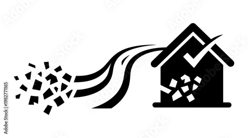 Icon of House Crumbling with Falling Debris and Breaking Roof in a Digital Vector Style