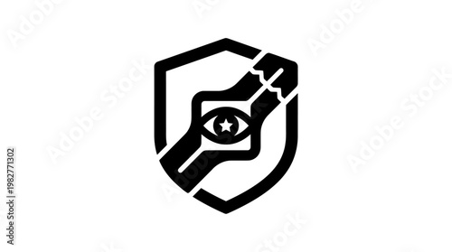 Icon of Cybersecurity Shield with Eye and Circuit Lines, Digital Security Concept, Vector Icon