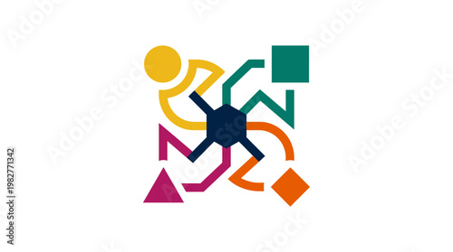 Colorful Abstract Vector Icon of Human Figures Connecting in Dynamic Group Illustration