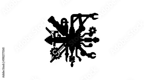 Icon of a Workshop Setting with Various Tools and Equipment in Vector Style