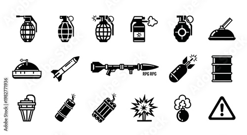 Collection of Black Military Explosive Icons.