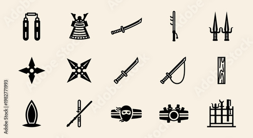 Collection of Japanese Samurai Symbols and Weapons.