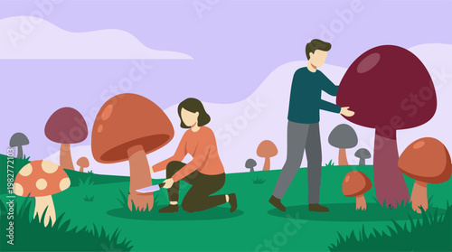 People collecting wild mushrooms in a natural autumn landscape illustration