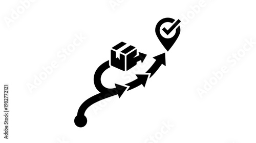 Icon of Gift Box with Arrow and Check Mark for Delivery and Satisfaction in Flat Style