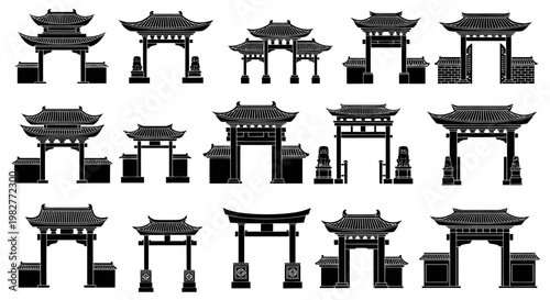 Collection of Traditional Chinese Archways and Gates Silhouettes