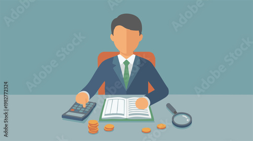 Businessman or accountant analyzing finances with calculator and ledger