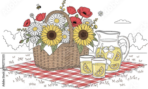 Delightful summer picnic illustration featuring a basket brimming with vibrant wildflowers and refreshing lemonade on a checkered blanket outdoors