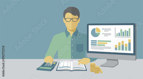 Accountant analyzing financial data with calculator, computer, and ledger