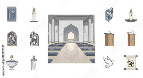 Islamic Prayer Room Elements Collage: Mosque Interior, Rugs, Candles, Quran Scroll, Dove