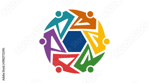 Colorful Circular Icon of Diverse People Holding Hands, Flat Design, Community Concept